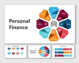 Personal finance slide deck with geometric sections in various colors focusing on managing financial aspects.