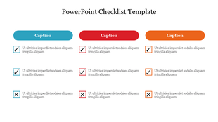 Checklist template with three colored sections in blue, red, and orange, featuring checkboxes and captions.