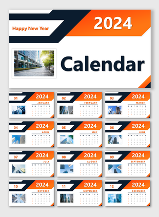 2024 calendar slide deck with bold orange and navy designs, featuring monthly pages with small images of buildings.