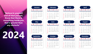 A 2024 calendar slide featuring all 12 months, with a motivational quote and bold year displayed on a gradient background.