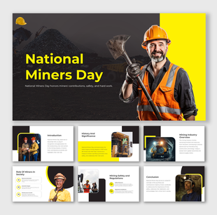National Miners day features slides on the mining industry, its history, safety measures, and miners' roles.