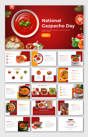 National Gazpacho day PPT slides with vibrant images of fresh vegetables and information on the cold Spanish soup.