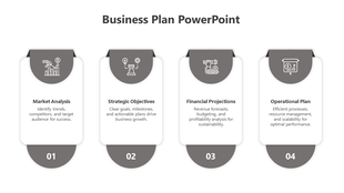 Gray and white vertical cards in a row with circular headers and outlined icons, arranged in a four step format.