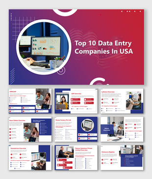 Slides featuring the top 10 data entry companies in the USA, with profiles and service details for each company.