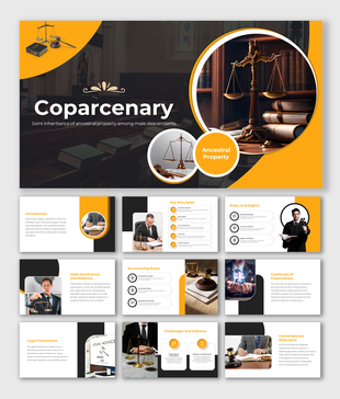 Slide deck on coparcenary showcasing justice scales, legal documents, and key principles across multiple slides.