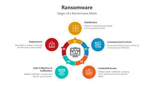 Colorful circular infographic slide illustrating stages of a ransomware attack from distribution to deployment with icons.