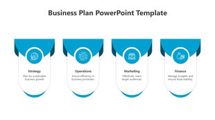 Blue-accented business plan layout showing strategy, operations, marketing, and finance sections with icons and descriptions.