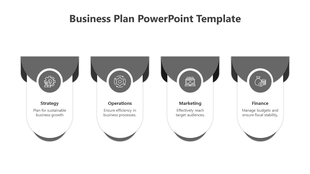 Monochrome business plan template with sections for strategy, operations, marketing, and finance, each featuring icons.