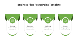 Horizontal infographic with green topped tabs and circular icons, representing four steps of a business plan.