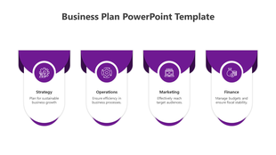 Purple themed business plan template with sections for strategy, operations, marketing, and finance, each with icons.