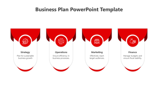 Four red rounded panels with white sections, each featuring an icon and description in a horizontal layout.