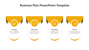 Business plan infographic featuring four segments with yellow tops, white backgrounds, and icons from strategy and finance.