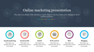 Slide showcasing key components of online marketing, including email marketing, social media, and SEO, with icons.
