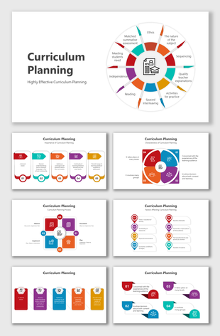 Curriculum planning slide deck with visually engaging icons and colorful layout diagrams.