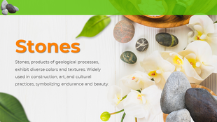 Slide with orange title, green leaves, round stones, and orchids on a white background for a natural theme.