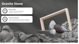 Granite stone slide showcasing its igneous origin and durable qualities with descriptive text boxes.