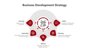 Business strategy framework featuring five red segments with icons and labels for different development stages.