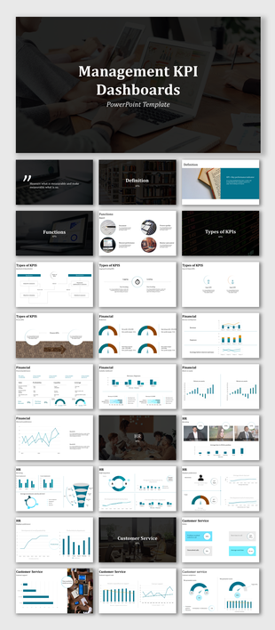 Slide deck with KPI charts and graphs for business analysis, including financials, HR performance, and customer service.
