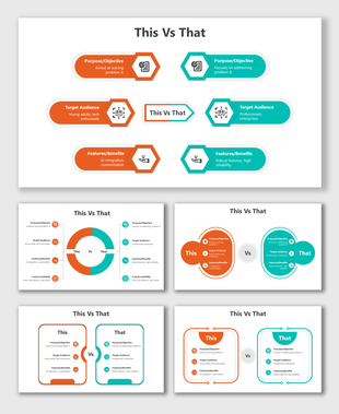 Slide deck with various comparison formats showing differences, using circular and rectangular layouts  in orange and teal.