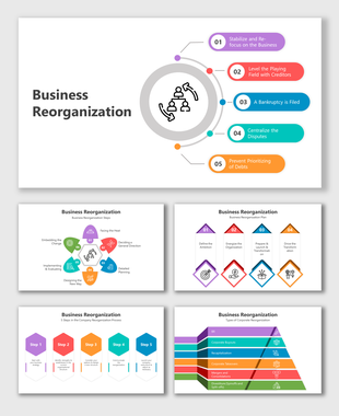 Business Reorganization slides showcasing steps in various layout designs and colorful icons with text.