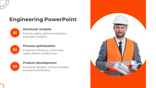 Engineering PowerPoint template with a professional engineer holding blueprints and explaining key concepts.