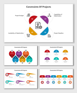 Constraints of projects slides showcasing factors in various colorful layouts with icons.