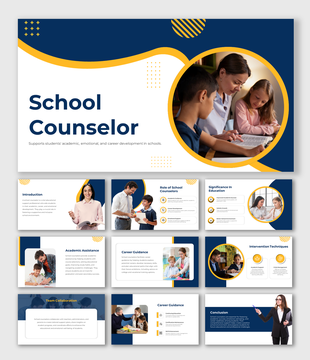 Slide deck on school counselors with yellow and navy blue accents, discussing roles, guidance, and academic support.