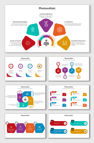 Slide deck showcasing photovoltaic energy concepts, with hexagonal and circular icons explaining the components.