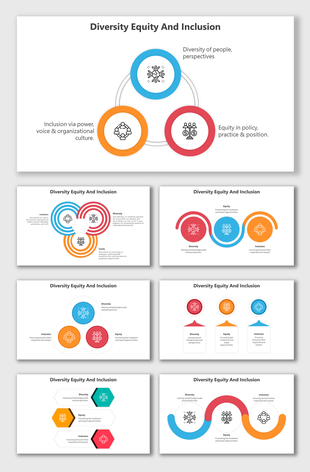 Multiple slide layouts showcasing diversity, equity, and inclusion concepts with interconnected circular icons and labels.
