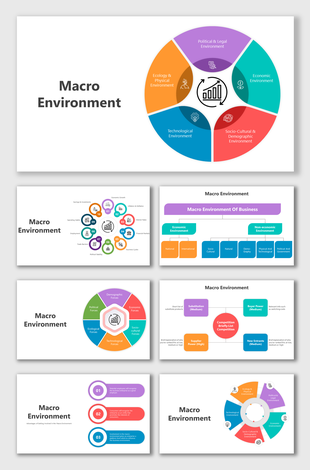 Slide deck focusing on macro environment factors, using circular charts and colorful blocks for clarity.