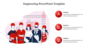 Engineering PowerPoint slide featuring illustrations of engineers wearing hard hats and construction equipment in the background.