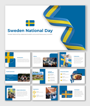 Sweden national day slide deck with sections from history to cuisine, accented by Swedish flag colors.