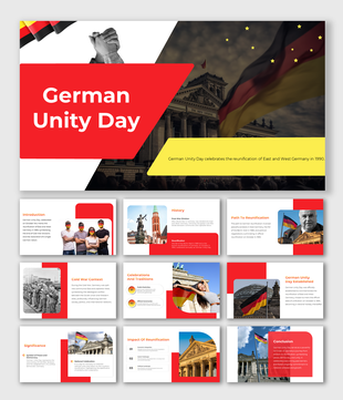 German unity day slides covering historical events, cultural traditions, and the impact of reunification, in red accents.