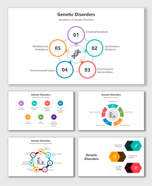 Slide deck with hexagonal and circular diagrams detailing genetic disorder symptoms, causes, and treatment options.