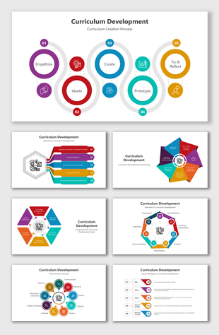 Curriculum development PPT slides in different colorful layout designs and icons with text descriptions on a white theme.