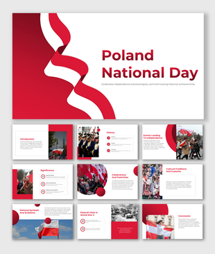 Polish National Day highlighting key topics such as historical background, cultural customs, significance, and emblems.