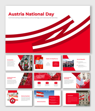 Austria national day slides with red and white themed designs, showing images of flags, cultural events, and celebrations.