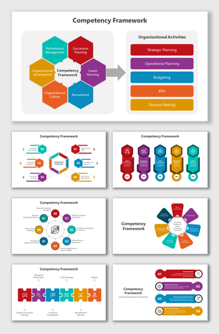 Competency framework slides with colorful diagrams showing components in different layout designs and icons.