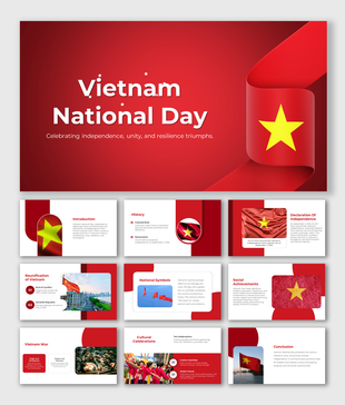 Slide deck for Vietnam National Day with sections on history, reunification, and cultural highlights.
