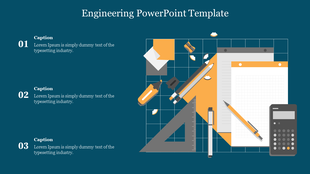 Blueprint style layout with orange and white engineering tools on a grid and three numbered captions, on teal backdrop.
