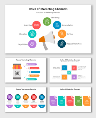Marketing roles slide deck featuring circular and rectangular elements, color coded graphics, and descriptive text areas.