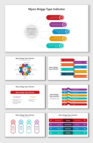 Myers Briggs type Indicator templates with colorful infographics illustrating MBTI components and dimensions.