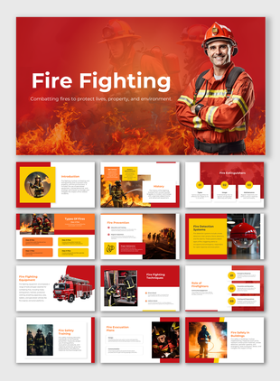 Firefighting slide deck featuring a firefighter and a fiery background showing ways of prevention and techniques.