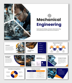 Engineering PowerPoint Template with industrial images, geometric layouts, content sections, and engineering infographics.