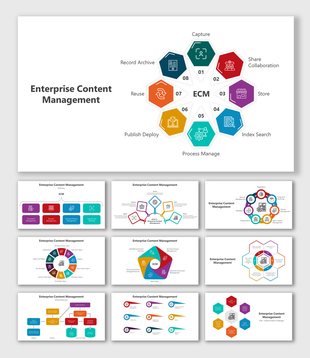 Slides showcasing various layouts and icons for enterprise content management with colorful hexagonal and circular designs.