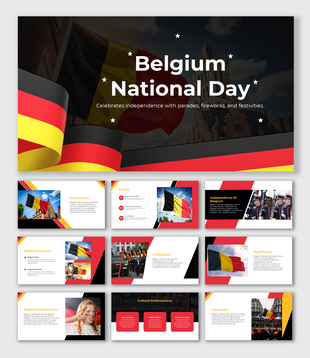 Belgium national day slides with black, red, and yellow themes, highlighting independence and cultural performances.