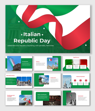 Slide deck celebrating Italian Republic day with green, red, and white elements, featuring images of parades and festivities.