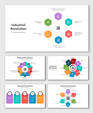 Industrial Revolution PPT slides in different colorful layout designs with icons and text descriptions on a white theme.