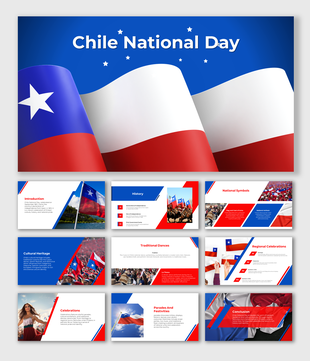 Slide deck with visuals of the Chilean flag, discussing the country’s cultural heritage, symbols, and festivities.