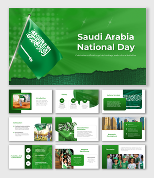 Saudi Arabia national day slide deck with vibrant green background, featuring the flag, history, and cultural celebrations.